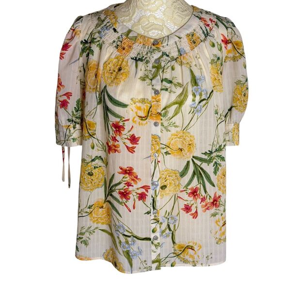 Rose + Olive Smocked Blouse Shirt Top Floral Print Beige Yellow S - Picture 1 of 7